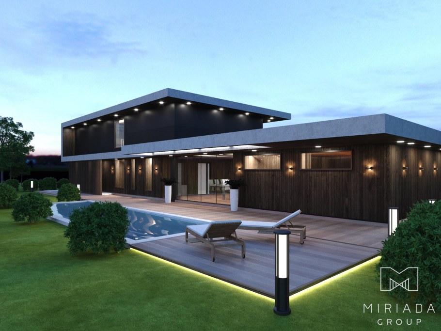 Одноэтажный дом с плоской крышей и террасой