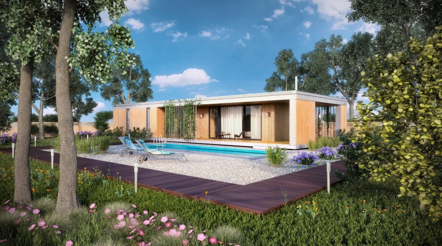 Одноэтажный дом с плоской крышей и верандой