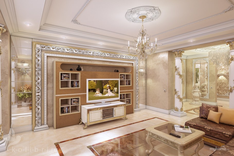 Гостиная в классическом стиле в коттедже