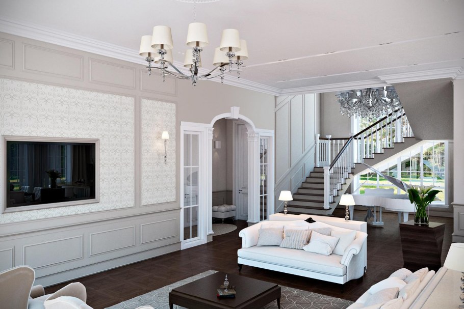 Интерьер коттеджа внутри в современной классике