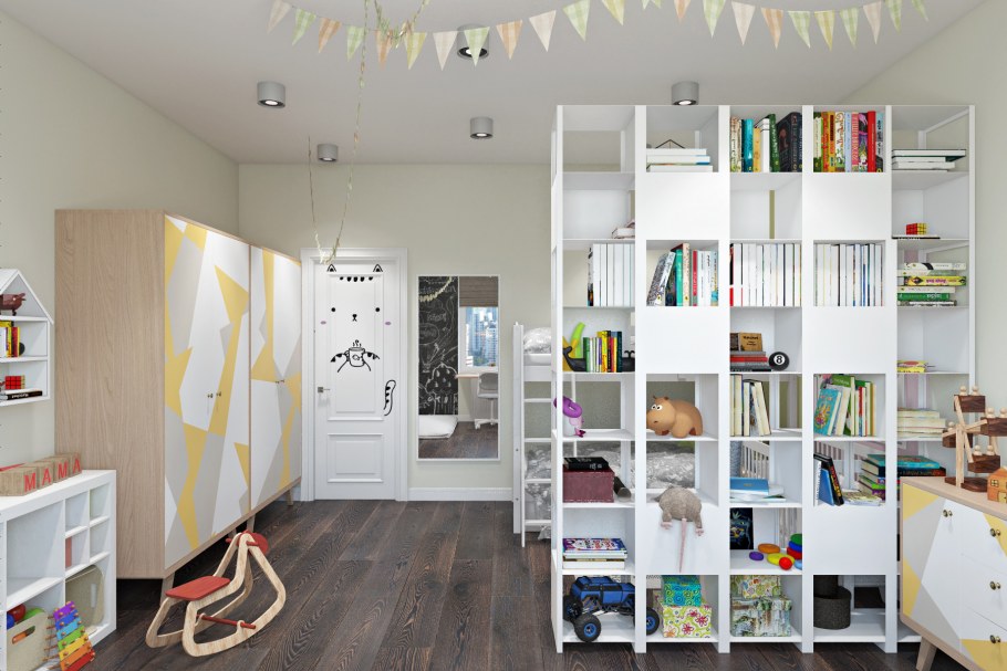 Стеллаж в скандинавском интерьере в детской