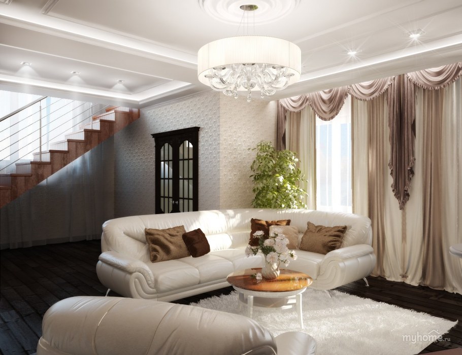 Интерьер гостиной в коттедже