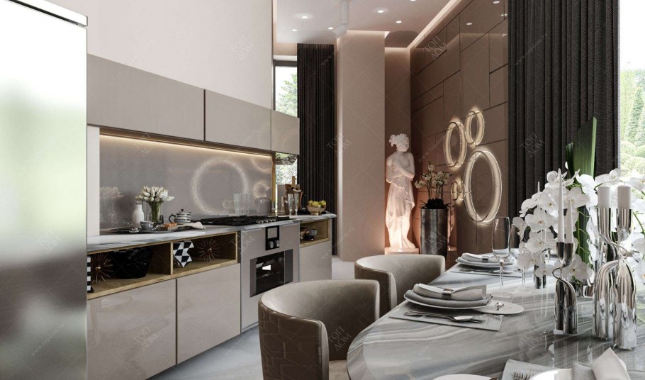 Кухня серая с мраморным кофейным цветом