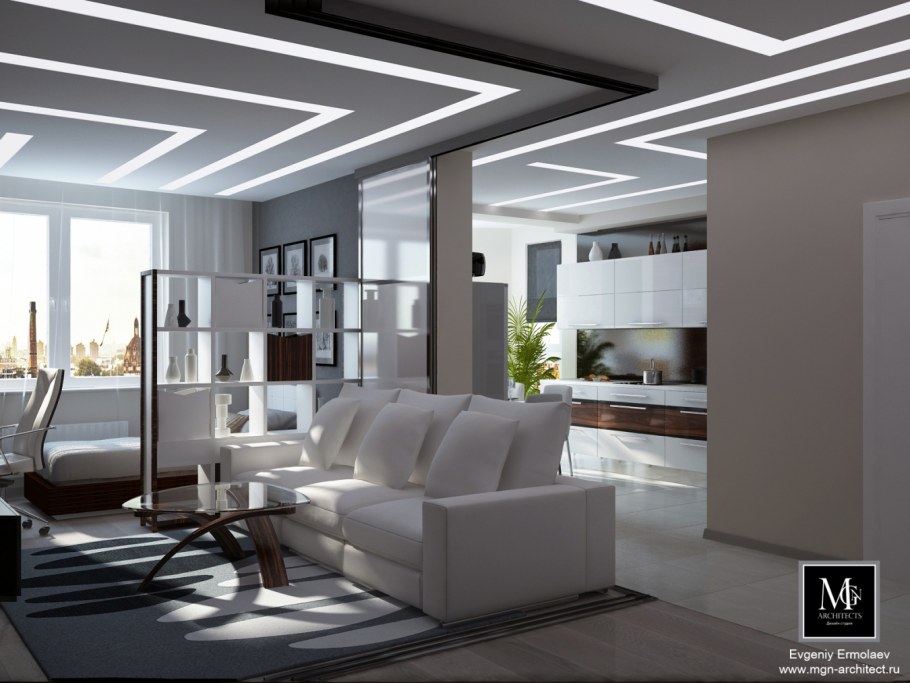 Современный потолок в гостиной Хай тек