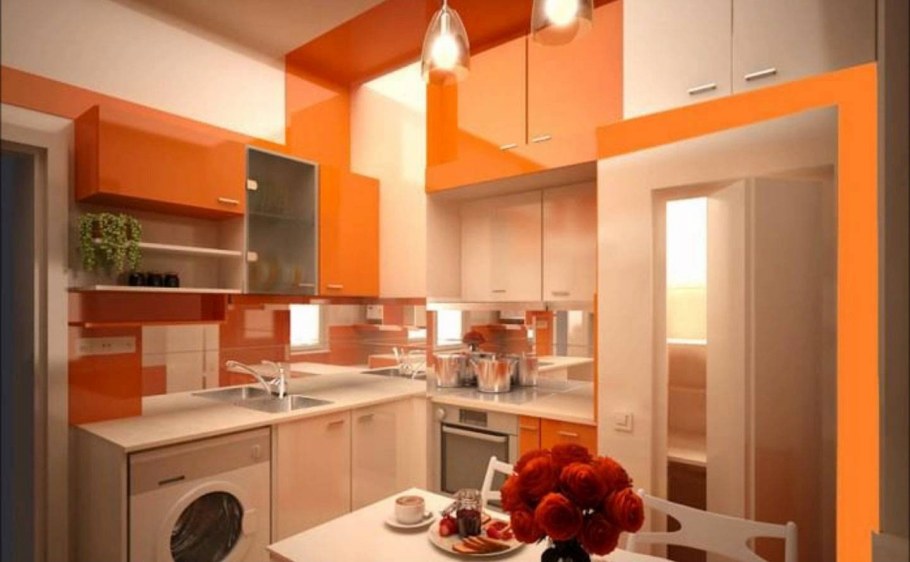 Оранжевые стены в интерьере кухни