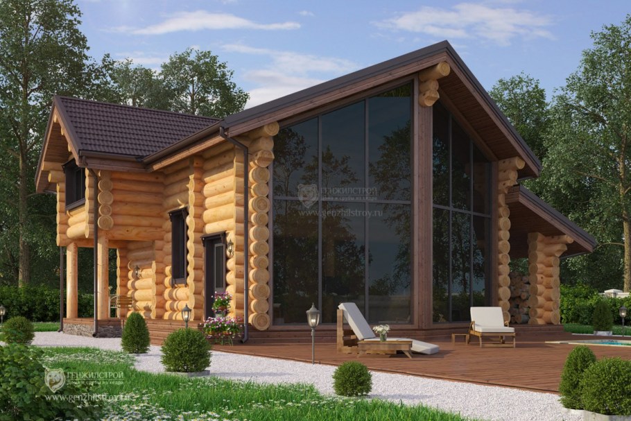 Дом из оцилиндрованного бревна с панорамными окнами