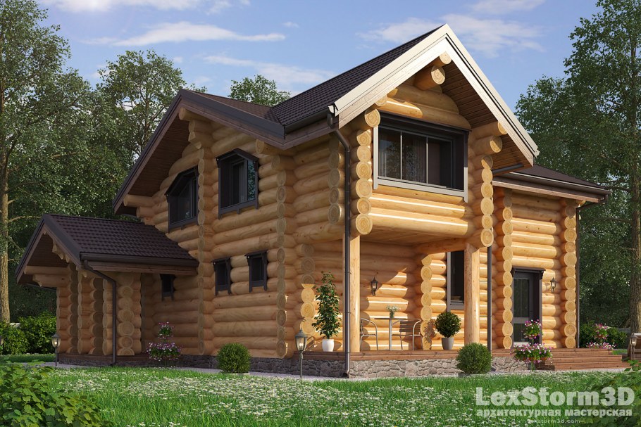Рубленный дом с панорамными окнами