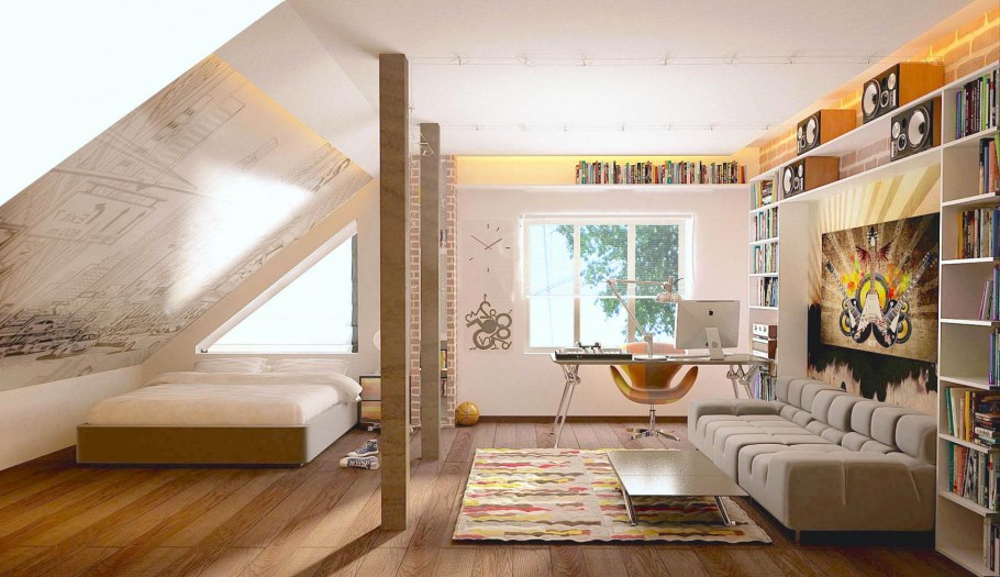 Интерьер мансардной комнаты для подростка