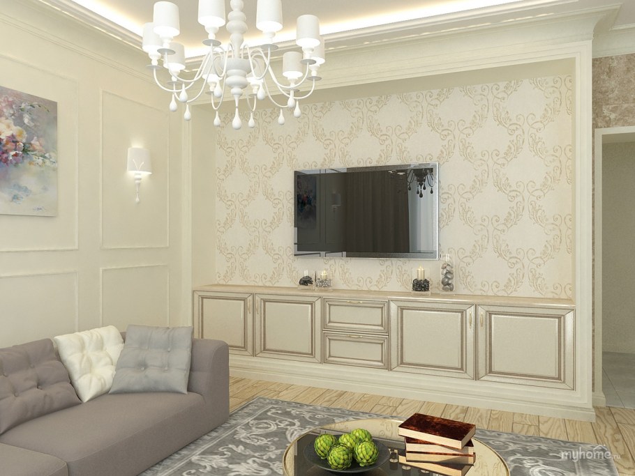 Обои с молдингами в интерьере гостиной зона ТВ
