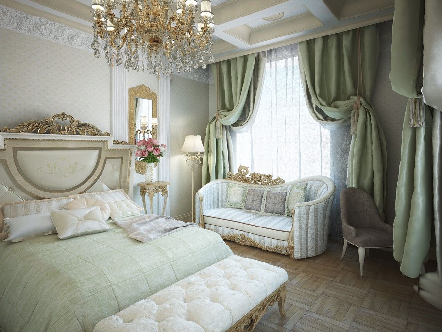 Спальня в фисташковых тонах классика