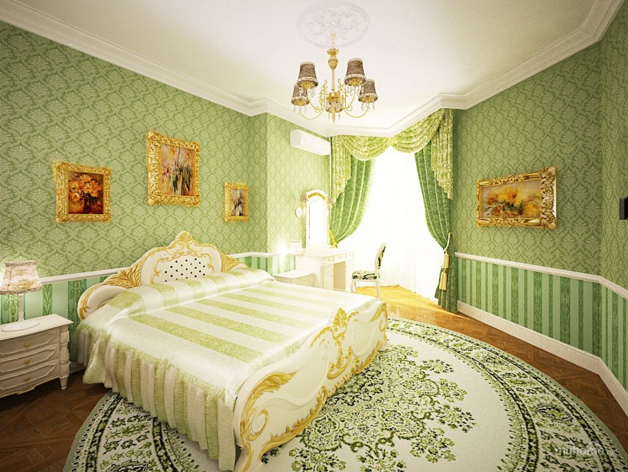 Спальня в классическом стиле в желто-зеленых тонах