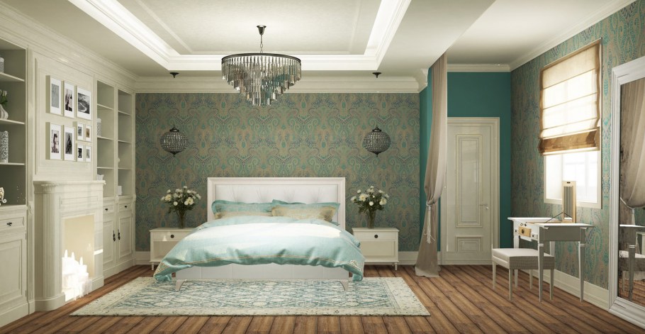 Интерьер современная классика в спальне зеленый