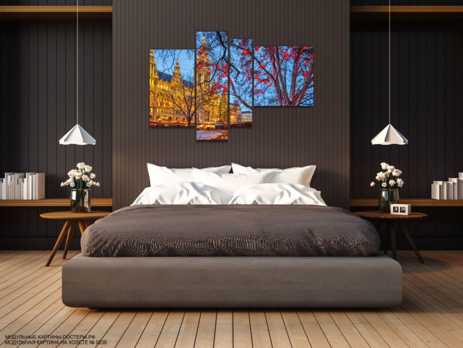 Модульные картины в интерьере спальни