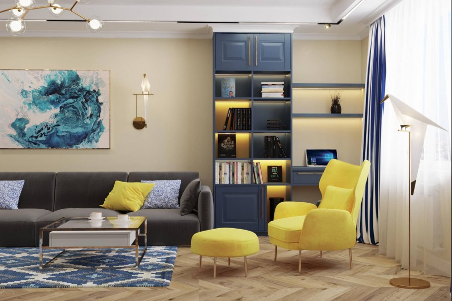 Желтое кресло в сером интерьере