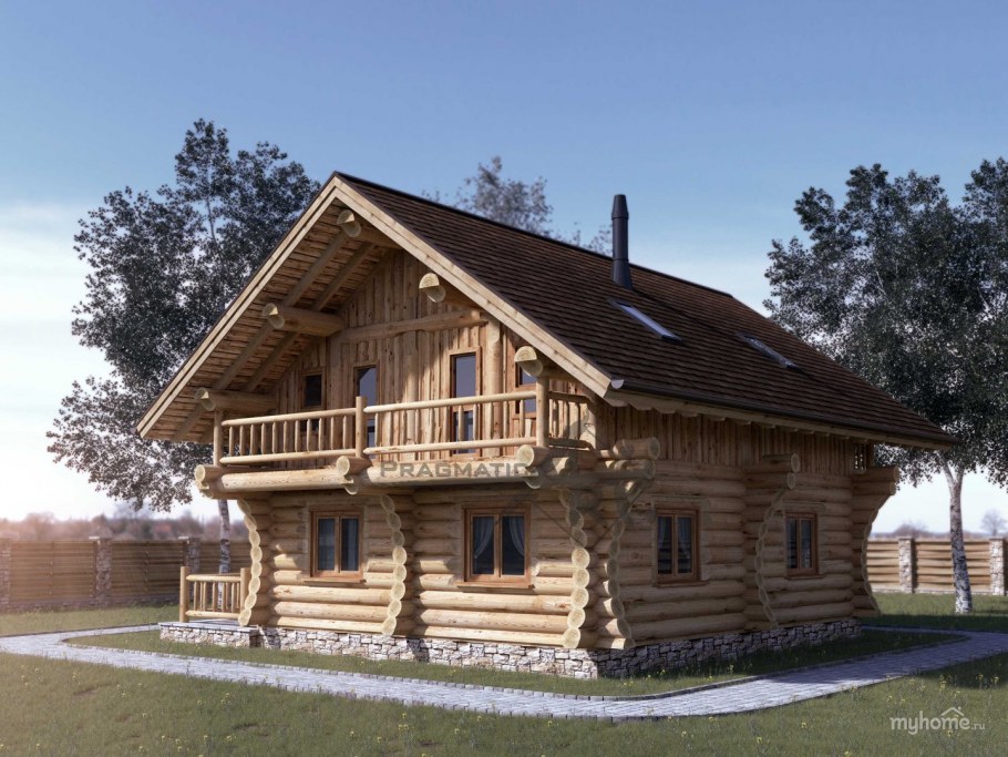 Деревянный дом с зеленой крышей