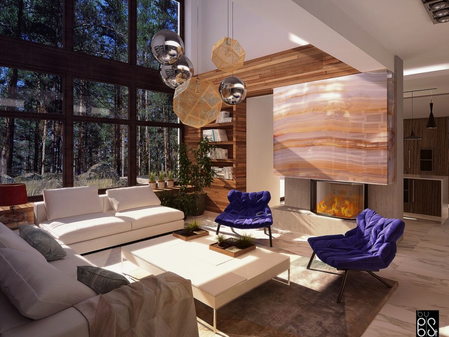 Камин в центре гостиной с двойным светом