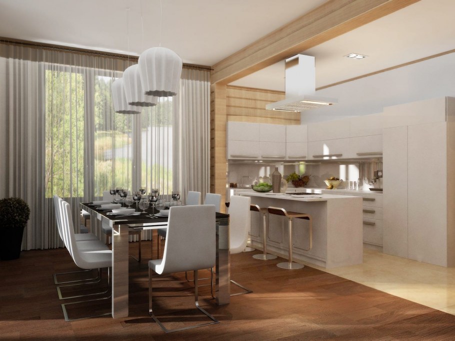 Кухня-гостиная в едином стиле в частном доме