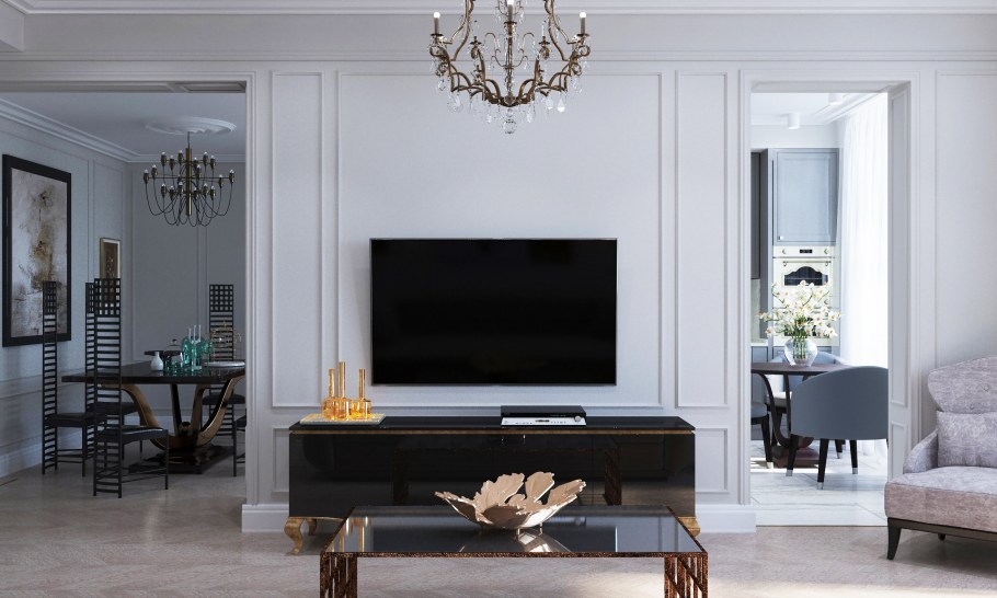 Молдинги на стене с телевизором