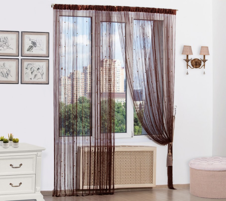 Нитяные шторы ПТК кисея однотонная стеклярус 280 см на кулиске