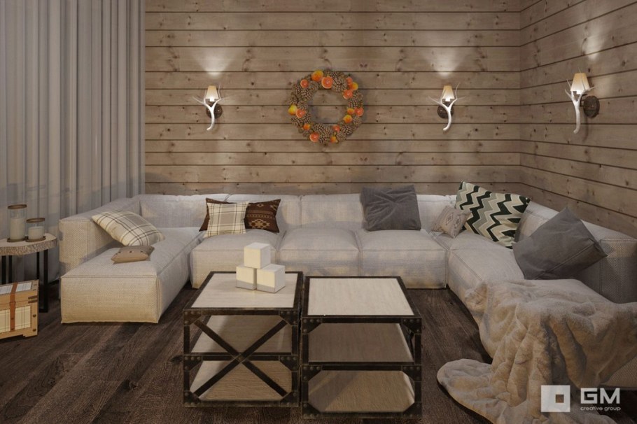 Интерьер гостиной стеной из бруса