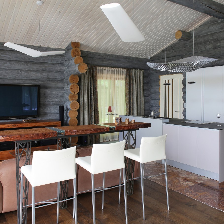 Кухня в бревенчатом доме в современном стиле