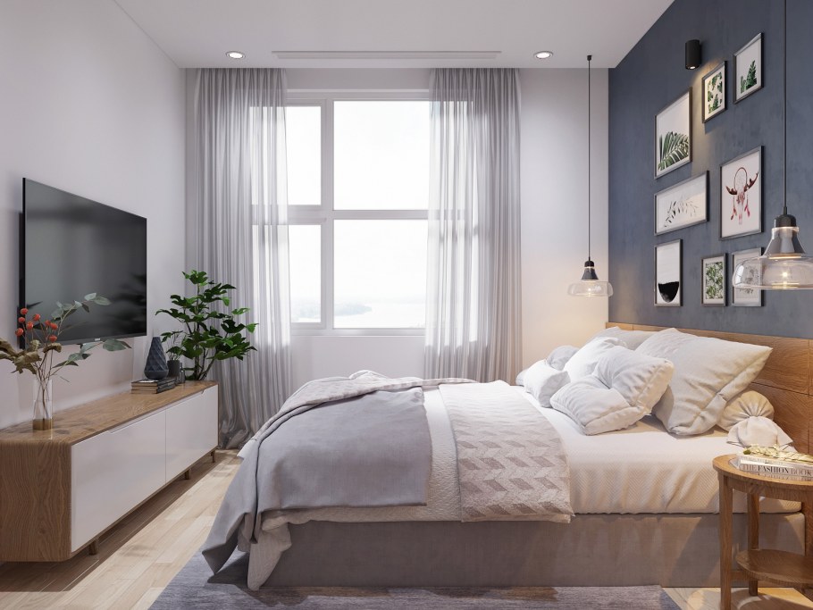 Серо желтый интерьер спальни