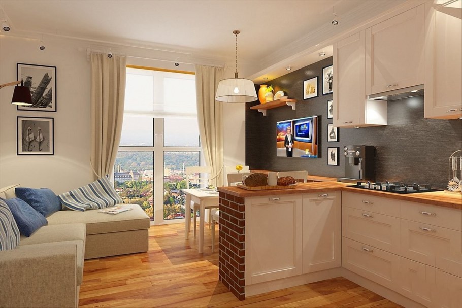 Кухня с гостинной 15кв.м прямоугольная