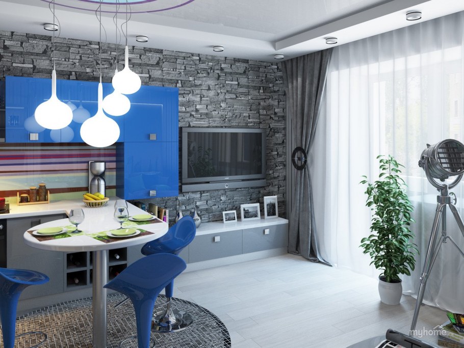 Кухня студия в синих тонах