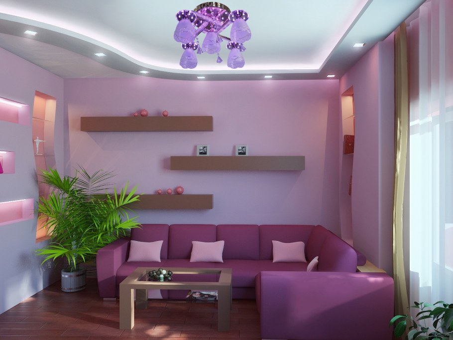 Гостиная в бежево фиолетовых тонах
