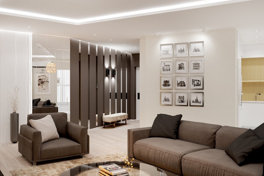 Современная гостиная в теплых тонах