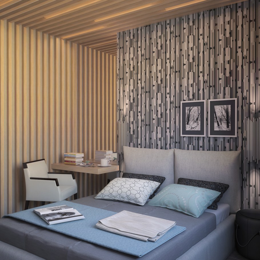 Деревянные рейки в интерьере спальни