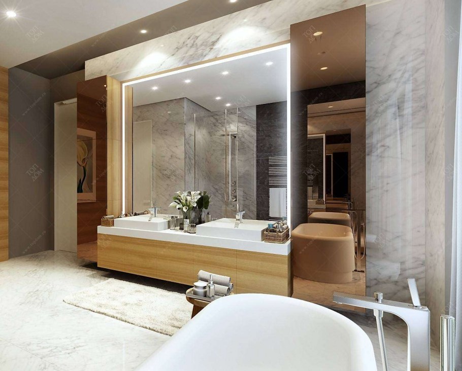 Мрамор и дерево в интерьере спальни