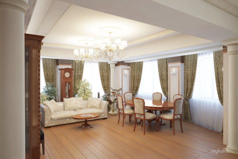 Гостиная с 3 окнами в частном доме