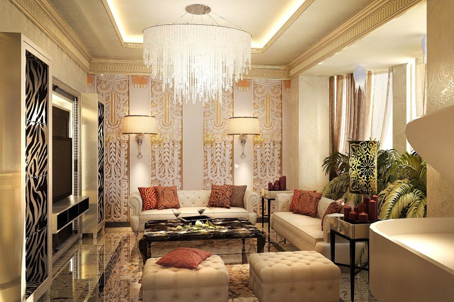 Камин в гостиной в стиле арт деко