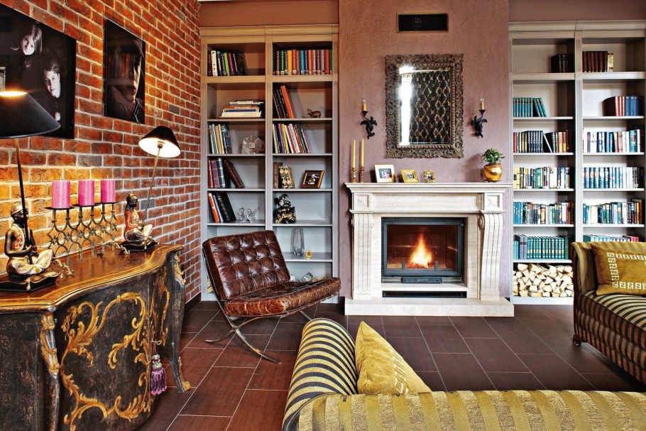 Гостиная в стиле Фьюжн с камином