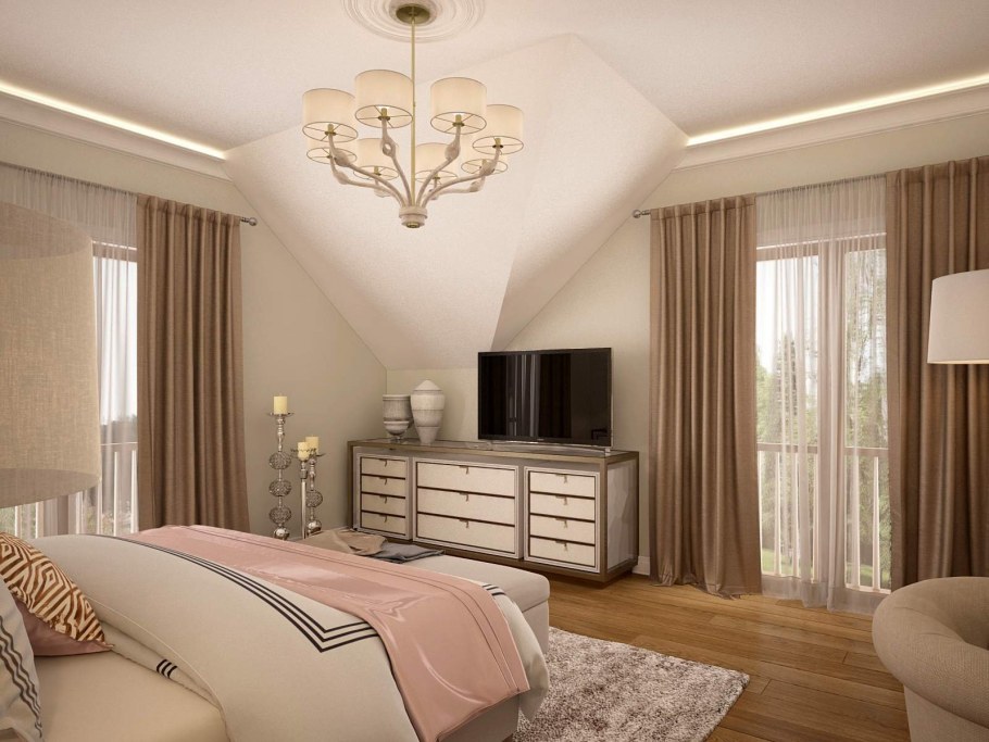 Дизайн спальни в тёплых тонах сверху