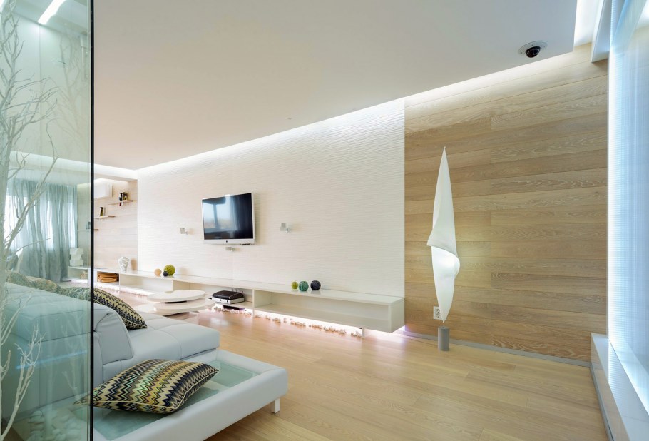 Гостиная в минималистическом стиле в светлых тонах