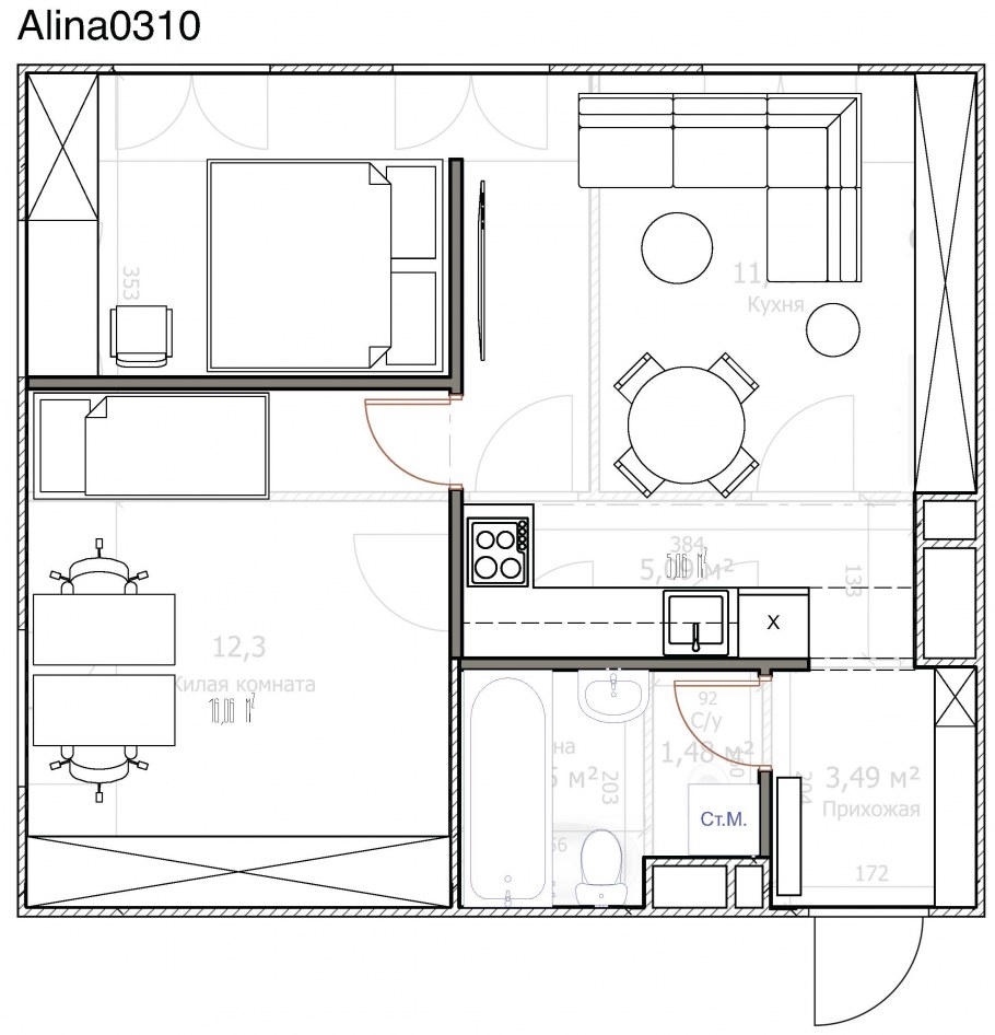 Угловая двушка планировка