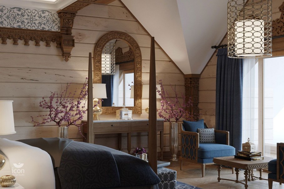 Деревянный потолок в интерьере спальни