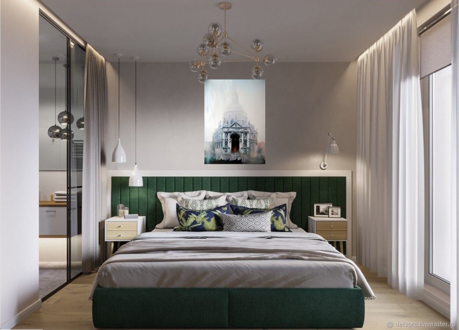Спальня в серо зеленых тонах