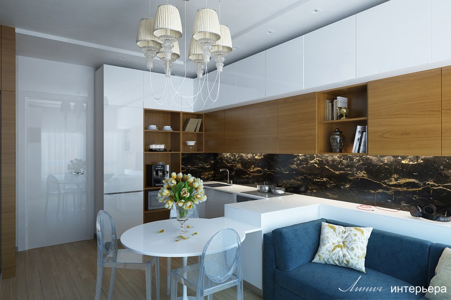 Световое решение в кухне гостиной