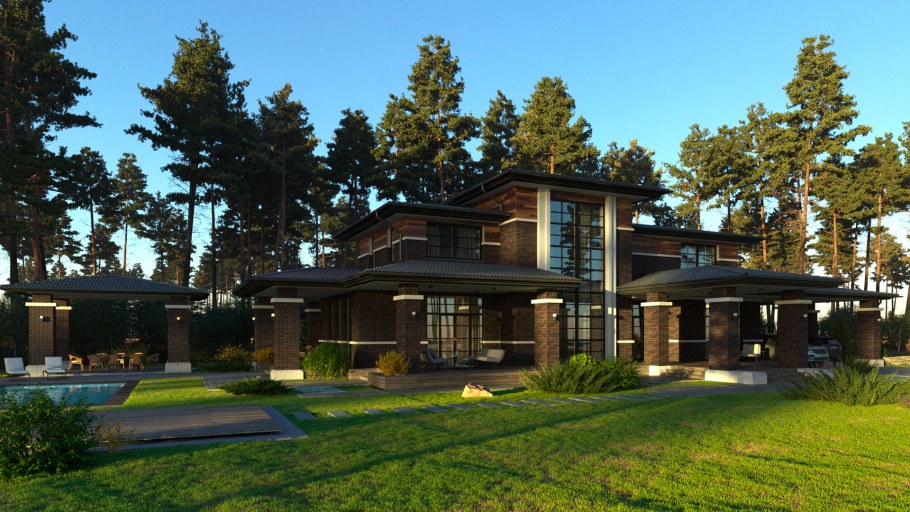 Одноэтажный дом в стиле Райта 200 кв м