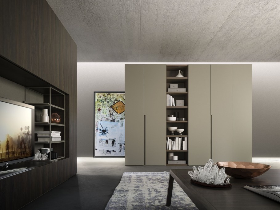 Современный интерьер гостиной со шкафом