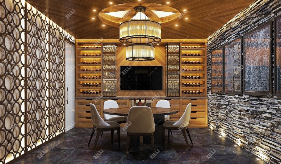 Дерево и камень в интерьере бара