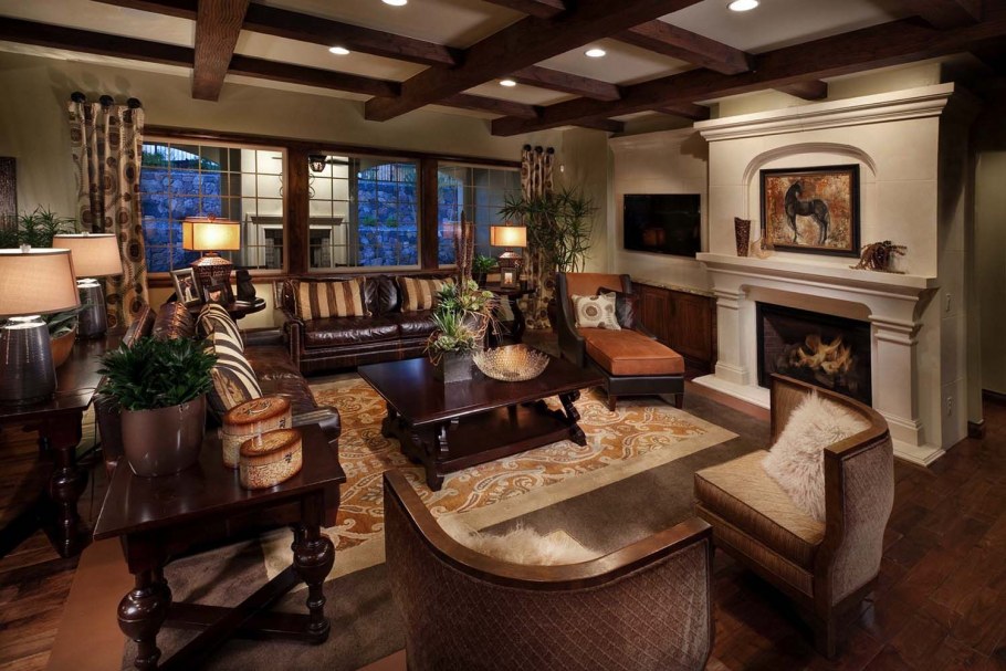 Гостиная кухня с камином и баром