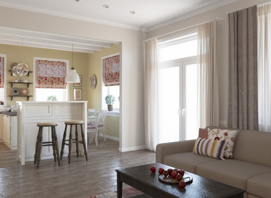 Прямоугольная кухня гостиная с выходом на террасу