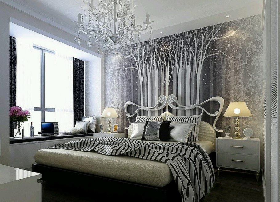 Серебристые стены в спальне