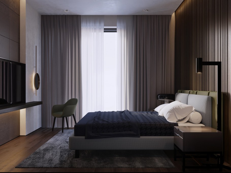 Современный интерьер спальни в темных тонах
