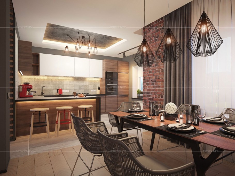 Интерьер лофт кухня столовая