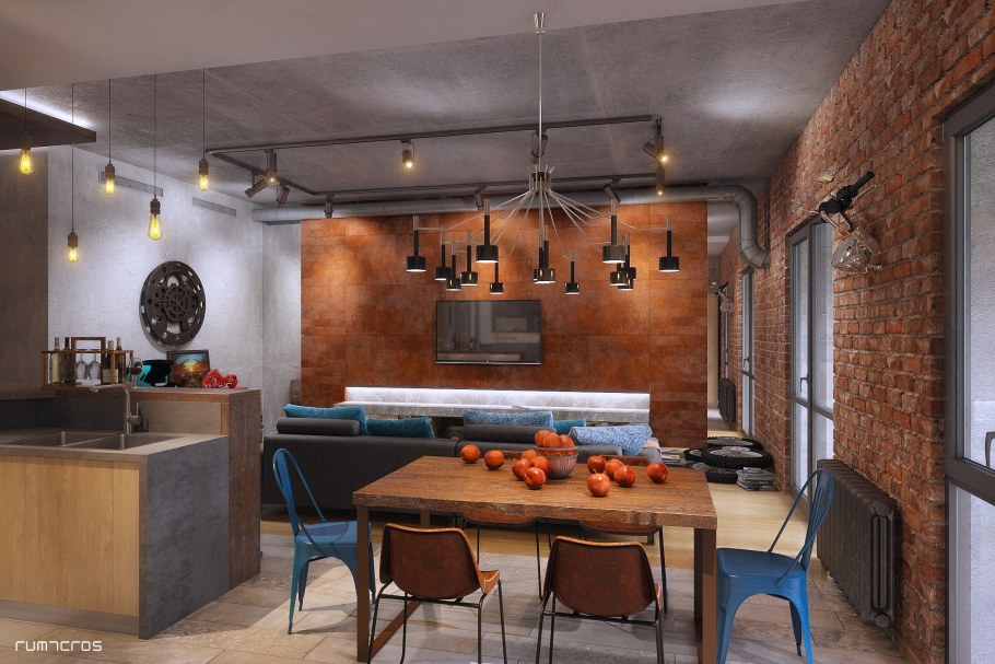 Освещение на кухне в стиле лофт